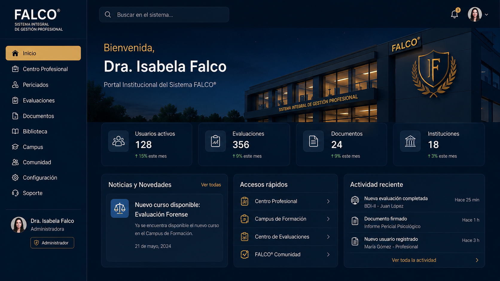 Vista del Portal Institucional del Sistema FALCO